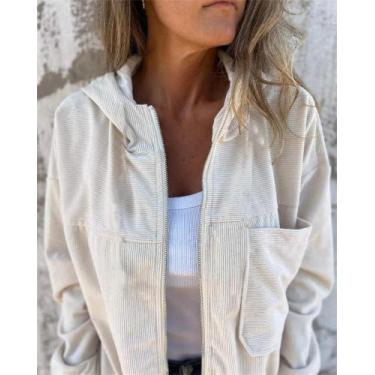 Imagem de Jaqueta Feminina De Corduroy Com Capuz Em Cor Sólida, Moda 2024, Estil