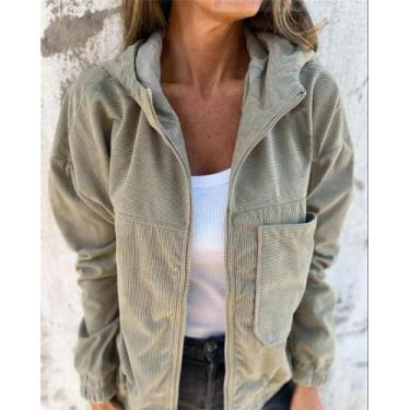 Imagem de Jaqueta Feminina De Corduroy Com Capuz Em Cor Sólida, Moda 2024, Estil