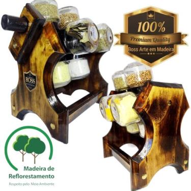 Imagem de Porta temperos giratório com manivela em Madeira maciça 08 recipientes