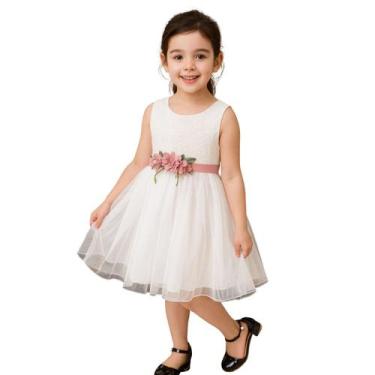 Imagem de Vestido Infantil Branco Com Cinto De Flores Rosa Menina Fest - - anjo 