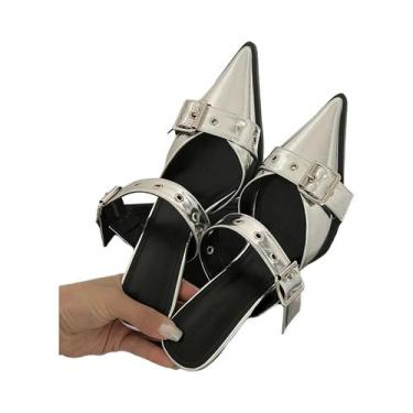 Imagem de Sandálias Femininas Prateadas De Salto Alto Com Fivela Pontiaguda E Sa