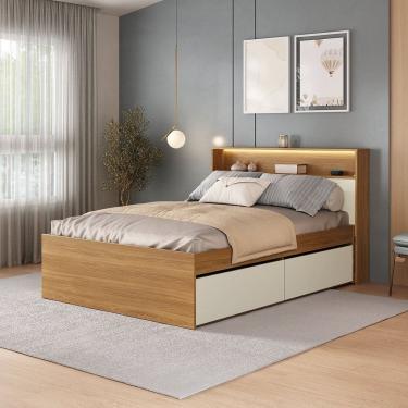 Imagem de Cama Casal 4 Gavetas e Cabeceira Nicho com Led 100% Mdf Aurora Carvalho Hanover