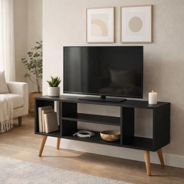 Imagem de Rack Retrô Preto Para Tv Paris 4 Nichos Pés Madeira Maciça