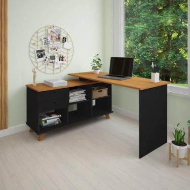 Imagem de Escrivaninha Retrô em L Mesa Escritório e Home Office com e Gold 2 Gav