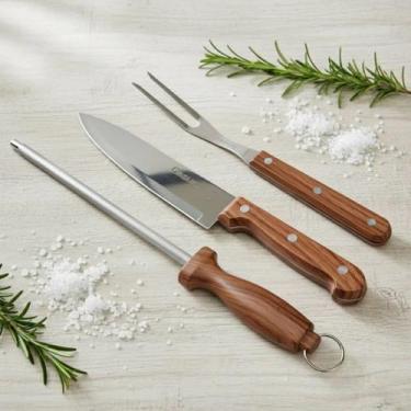 Imagem de Kit Churrasco 3 Peças Faca Garfo Chaira Amolador Inox Cabo Madeira Con