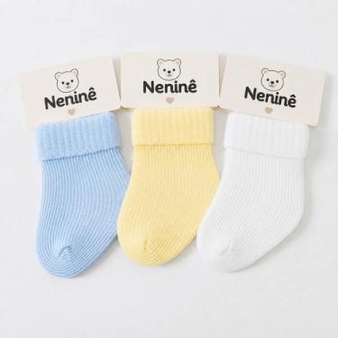 Imagem de Kit 03 Pares Meia Bebê Rn Neninê 100% Poliamida 0 A 6 Meses, Azul, Rec