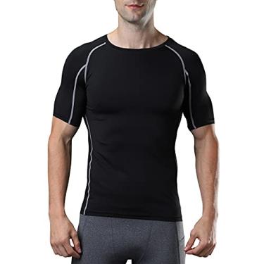 Imagem de Camiseta esportiva masculina cor sólida gola O manga curta de secagem rápida bodycon elástico corrida basquete fitness roupas esportivas(X-Large)(Preto)