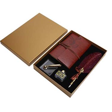 Imagem de Conjunto de canetas-tinteiro antigas para canetas-tinteiro de penas, conjunto de garrafas de tinta, diário, caderno, papelaria, caixa de presente (1), caderno de couro retrô com caneta pena, material de escritório