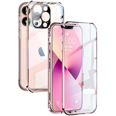 Imagem de KKFAUS Capa de telefone transparente de vidro temperado de dupla face, para Apple iPhone 13 Pro (2021) capa de vidro de atração magnética de 6,1 polegadas (cor: rosa)