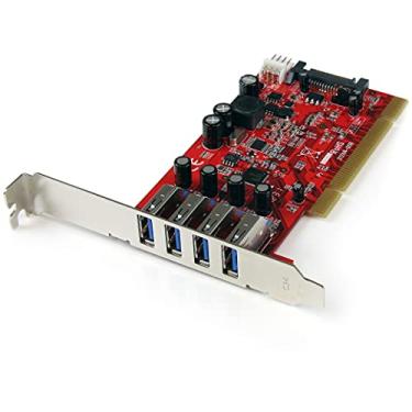 Imagem de StarTech. Com Placa adaptador PCI SuperSpeed USB 3.0 de 4 portas com alimentação SATA/SP4, placa controladora PCI USB-A 3.0 (5 Gbps), vermelha, somente Windows, TAA (PCIUSB3S4)