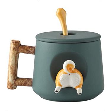 Imagem de Scizorito Cute Dog Couple Cup, Ceramic Coffee Mug with a Lid, Cute Paws on the Top of the Spoon, Cute Shiba Lnu Three-dimensional Design, with Matte Texture,(420ML Green Tail)