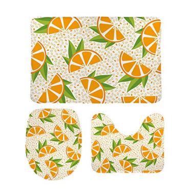 Imagem de Top Carpenter Conjunto de 3 peças antiderrapante de tapete de banheiro com frutas laranjas com folhas, tapete macio + tampa de vaso sanitário + tapete para decoração de banheiro