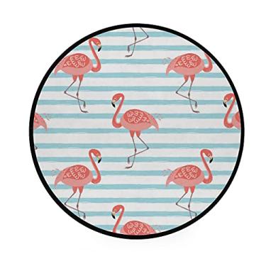 Imagem de Tapete de área infantil redondo para engatinhar, flamingo rosa em azul listrado, tapete para decoração de casa, tapete de banheiro, tapete antiderrapante, diâmetro macio, 92 cm