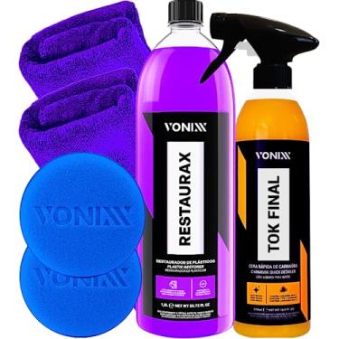 Imagem de Restaurador Renovador de Plasticos Restaurax 1,5L Cera Carnauba Tok Final Vonixx pano microfibra Aplicador de espuma