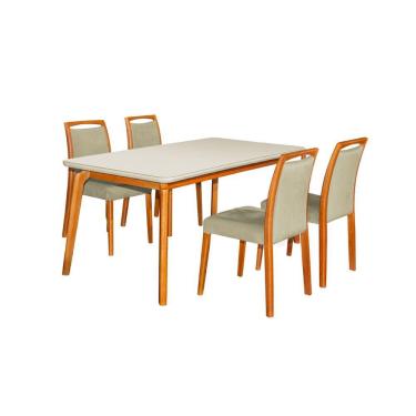 Imagem de Mesa Jantar Luxo Jade 160x90cm Off White com 4 Cadeiras Estofadas Veludo Bege Base Madeira Maciça Me