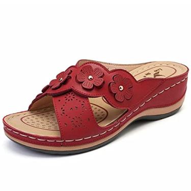 Imagem de Sandálias florais femininas sapatos chinelos moda feminina casual wedges ao ar livre feminino chinelos femininos P tamanho 8, Vermelho, 9