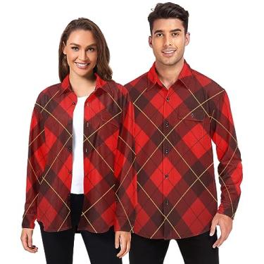 Imagem de GuoChe Camisetas masculinas de algodão de manga longa xadrez vermelho para mulheres escritório com bolsos PP, Buffalo xadrez xadrez tartan Escócia vermelho, GG