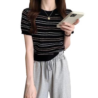 Imagem de Moda Slim Fit Antideformação Suéter feminino de malha de manga curta verão macio fácil de limpar blusa de malha para escritório, Preto, Uniform Size (suitable for About 40 to 60kg