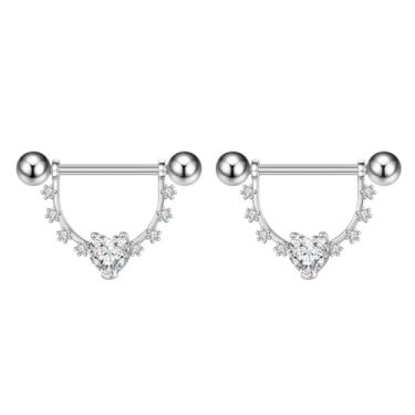 Imagem de Anéis de língua de mamilo de aço inoxidável CZ barra coração U piercing joias grande retentor de corpo 14G (1,6 mm) 18 mm 2 peças, Metal, Zircônia cúbica