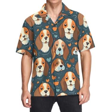Imagem de CHIFIGNO Camisa havaiana masculina, camisas casuais de botão estampadas folgadas, camisas de praia de verão camisa de manga curta, Cachorros Beagle de desenho animado, G