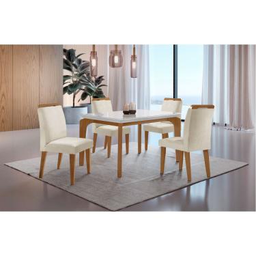 Imagem de Conjunto Sala de Jantar Mesa Liz 120cm com Vidro Canto Reto e 4 Cadeiras Athenas Moderna - Veludo Creme/Off White/Imbuia/Serig. Off