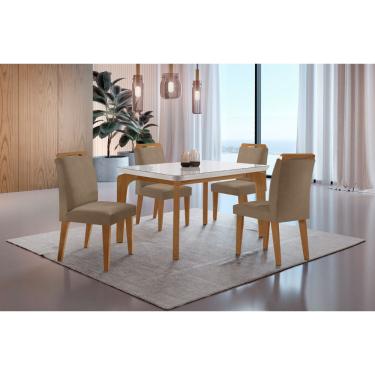 Imagem de Conjunto Sala de Jantar Mesa Liz 120cm com Vidro Canto Copo e 4 Cadeiras Athenas Moderna - Vel. Capuccino Off White Imbuia Serig. O
