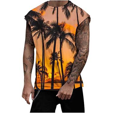 Imagem de Coletes masculinos gola redonda colete masculino treino atlético praia havaiana camiseta regata tropical verão outono 2024, C-89 Amarelo Mostarda, P