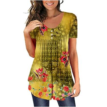 Imagem de Camisetas femininas plissadas degradê floral camiseta feminina manga curta gola quadrada verão outono camiseta 2024, J-94 amarelo mostarda, M