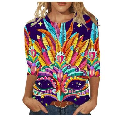 Imagem de Camisetas longas coloridas de ajuste relaxado para mulheres verão outono manga 3/4 comprimento gola canoa tops formais camisa feminina 2024, Q-563 multicolorido, XG