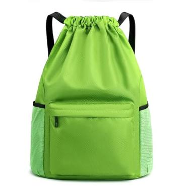 Imagem de Bolsa com cordão, mochila leve com suporte para garrafa de água e bolsos, mochila esportiva de ginástica, Verde, Large, Esportes