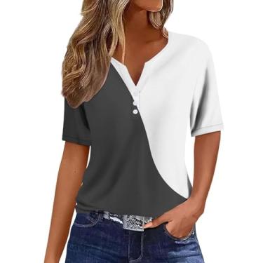 Imagem de Camisetas femininas 2024 verão Henley gola V cor sólida patchwork botão camisetas soltas confortáveis blusas modernas roupas, Branco, G