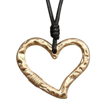 Imagem de AZORA Colar de pingente de anel múltiplo de cor bronze feito à mão estilo boho longo de corda de couro colar para mulheres, Couro, Sem Pedra Preciosa