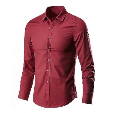 Imagem de Camisa social masculina sem amassados, camisa formal de manga comprida, cor lisa, Vermelho, M