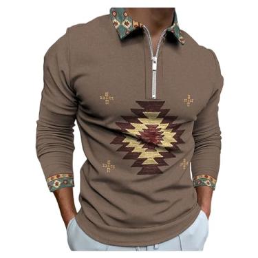 Imagem de Camisa polo masculina estampa asteca meio zíper frontal pulôver de mangas compridas combinando com cores, Marrom, XG