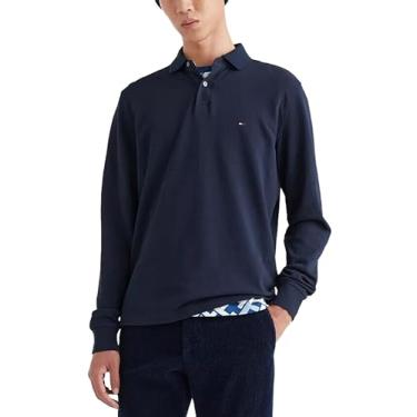 Imagem de Tommy Hilfiger Camisa polo masculina de rúgbi de modelagem regular de manga comprida, Azul-marinho 410, G