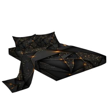 Imagem de Eojctoy Jogo de lençol ultramacio, 4 peças de lençol e fronhas com tema geométrico dourado preto, fácil de cuidar, com bolso profundo de 40,6 cm, confortável, respirável, ajustado para casa