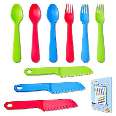 Imagem de Conjunto de talheres infantis Jawbush com facas de nylon seguras, conjunto de garfo e colher infantis de cor brilhante com caixa de presente, 9 peças de talheres infantis de plástico como , durável e livre de BPA