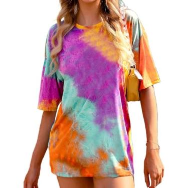 Imagem de SOFIA'S CHOICE Camisetas femininas grandes tie dye gola redonda manga curta casual verão, Cores de arco-íris, GG