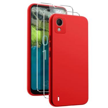 Imagem de Oududianzi - Capa para celular Nokia C110, com protetor de tela de 2 peças, capa de silicone líquido TPU macio, capa protetora de borracha ultrafina à prova de choque de cor pura - vermelha
