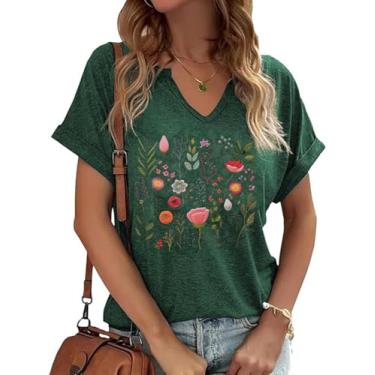 Imagem de Camiseta feminina vintage com estampa de flores e gola V, estampa de flores boêmias, casual, botânica, manga curta, Verde - 2, G