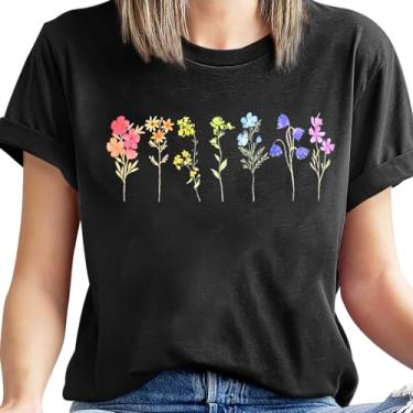 Imagem de Camiseta feminina orgulho linda flor silvestre LGBT orgulho mês camiseta flor gay LGBTQ Pride Ally Tees, Preto, G