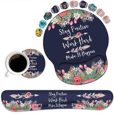 Imagem de Conjunto de apoio de pulso e mouse pad de teclado com suporte de pulso com porta-copos, citação inspiradora para manter o trabalho positivo e fazer acontecer mouse pad de pulso com base de poliuretano antiderrapante para computador, laptop, escritório em casa