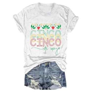 Imagem de Camisetas femininas CIN-co De Mayo Fiesta Mexicana Solta Confortável Túnica Gola V Manga Curta Blusas Casuais, Branco, G