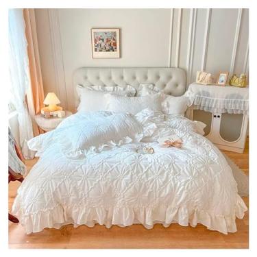 Imagem de Jogo de cama de quatro peças de algodão sólido estilo princesa menina coração colcha jogo de cama de algodão quatro estações, lençóis de cama (cama branca 1,8 m)