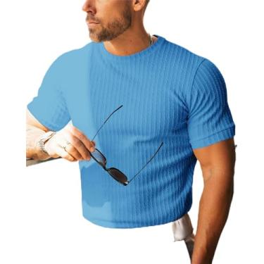 Imagem de Beotyshow Camisetas masculinas de malha canelada manga curta gola redonda slim fit stretch muscular camisetas básicas sólidas, Azul, GG