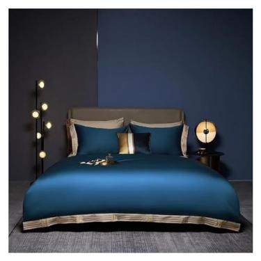 Imagem de Jogo de cama queen de luxo, conjunto de edredom de outono, algodão egípcio 600 fios, laranja, conjunto de 4 peças, capa de edredom 87 x 94, macio (azul 200 x 221 cm)