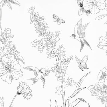 Imagem de Qianglive Papel de parede autoadesivo de vinil com flores e pássaros, papel de parede artístico branco e preto 43 cm × 120"/14,2 pés quadrados