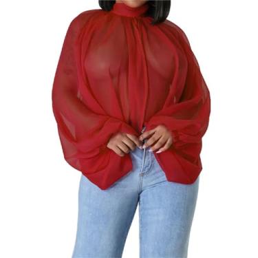 Imagem de Blusas femininas transparentes de chiffon transparente com gola alta e manga lanterna, Vermelho, G