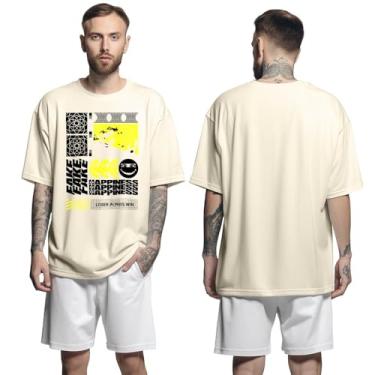 Imagem de Camisa Camiseta Oversized Streetwear Genuine Grit Masculina Larga 100% Algodão 30.1 Fake Hapiness - Bege - GG