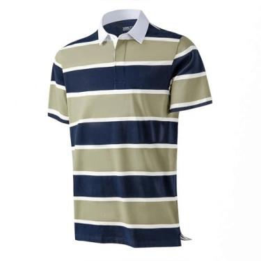 Imagem de VANLYTK Camisas polo masculinas listradas, manga curta, algodão, piquê, casual, rúgbi, gola seca, camisas de golfe masculinas, Cinza verde e azul marinho listrado, P